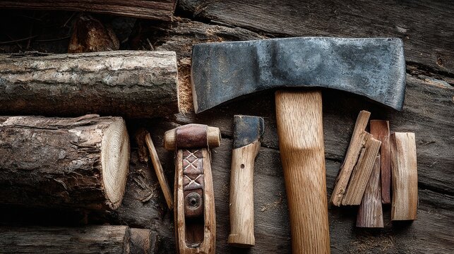 Close-up of woodcutter equipment including hand plane, axe, and chopped boards, carpentry items arranged neatly on timber background
