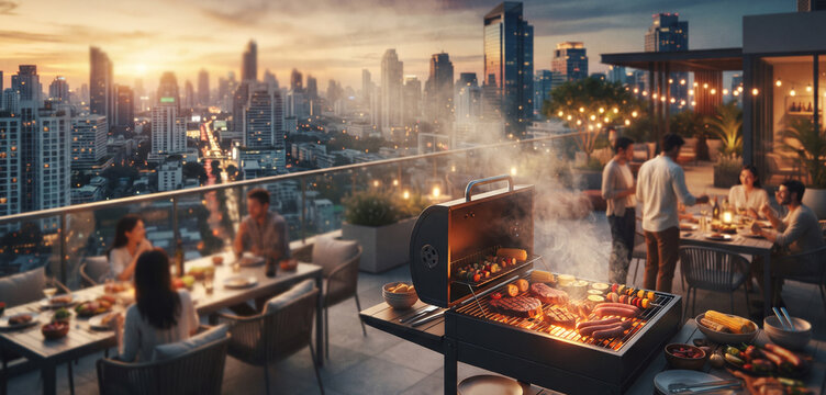 A fully blurred rooftop BBQ dinner overlooking a glowing modern city skyline, featuring soft grill smoke, warm sunset colors, people, outdoor dining, and atmospheric urban bokeh.
