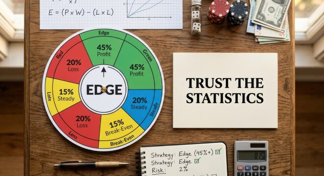 Probability Wheel with Business Strategy and Financial Data on Wooden Desk