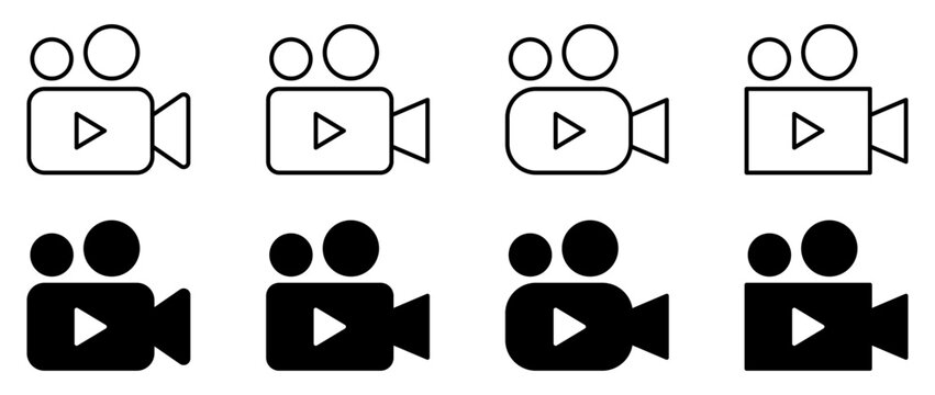 Video camera icon set for film production, media, streaming, video recording, and multimedia interface design.