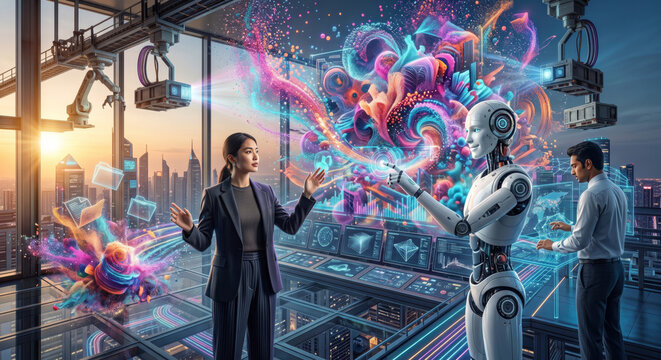 Human Engineer Collaborating With Advanced Artificial Intelligence Robot