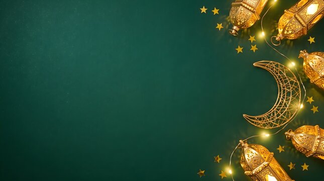 Ramadan kareem greeting background featuring glowing golden lanterns crescent moon stars on green crescent