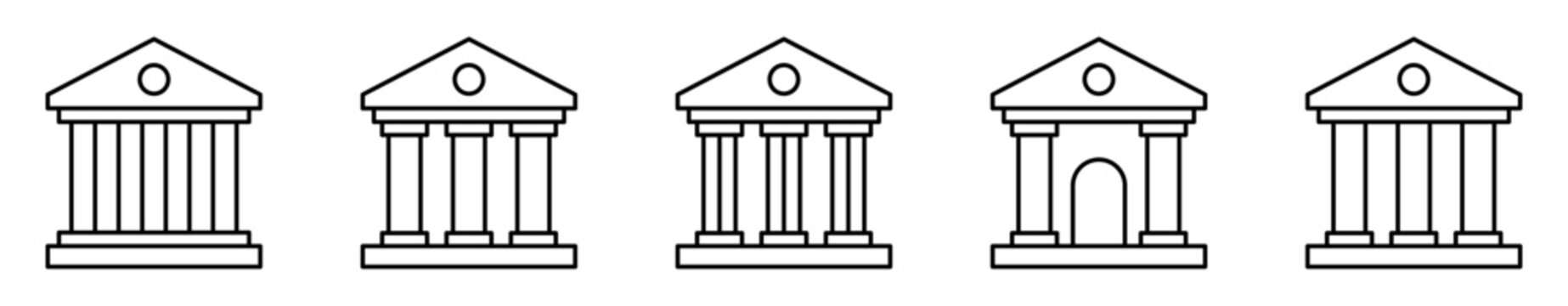 Collection of bank, government, courthouse, temple, and architecture building icons for finance, civic, legal, and architectural designs.