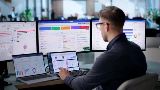Young Businessman Analyzing CRM Sales Data On Laptop