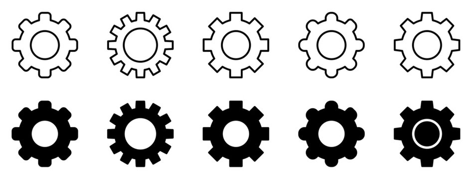Gear and settings icon set outline and solid style for web, mobile, and software design.