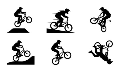 Fototapeta premium BMX Bicycle Rider Silhouettes, Extreme Sports Action Poses, Dynamic Vector Graphics Set