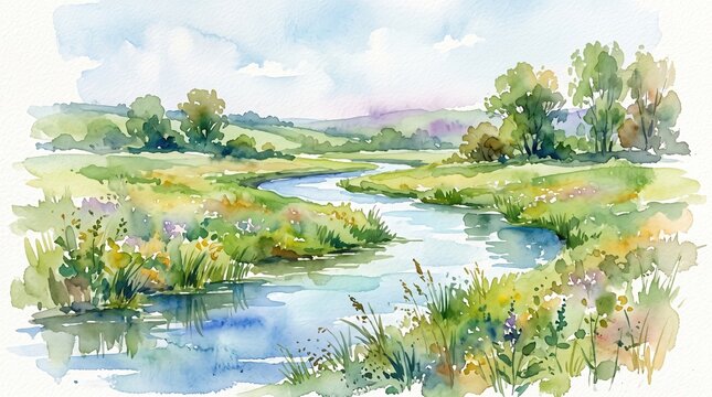 Watercolor painting of a winding river flowing through a lush green summer meadow landscape