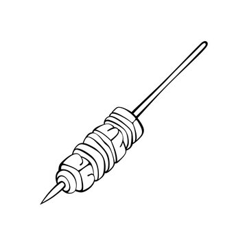 Black and white line art vector illustration of a single shish kebab skewer with meat cubes and vegetables, isolated on transparent background, in a minimalistic doodle style