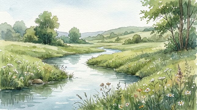 Watercolor landscape painting of a winding river flowing through a lush green meadow.