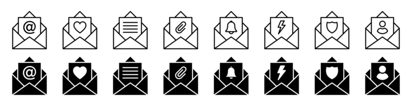Email envelope icon set for mail, message, notification, attachment, security, contact, and communication interface design.
