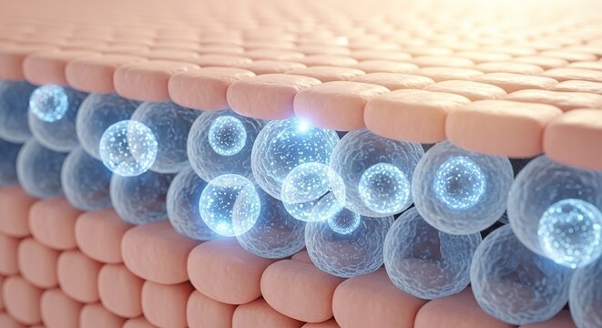 Microscopic view of skin layer cells with glowing hydration serum bubbles