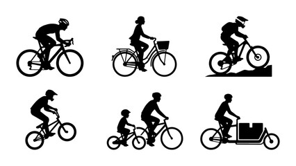 Naklejka premium Diverse Bicycle Silhouettes, Cycling Activities, Family Rides, Cargo Bike, Vector Set