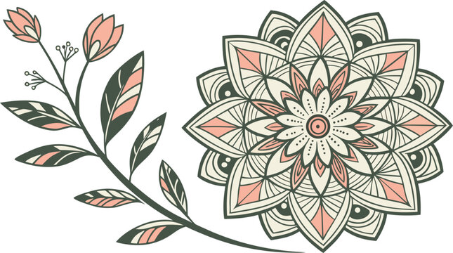 Symmetrical floral mandala pattern paired with a curved leafy branch featuring pink flower buds and green leaves on a clean white background