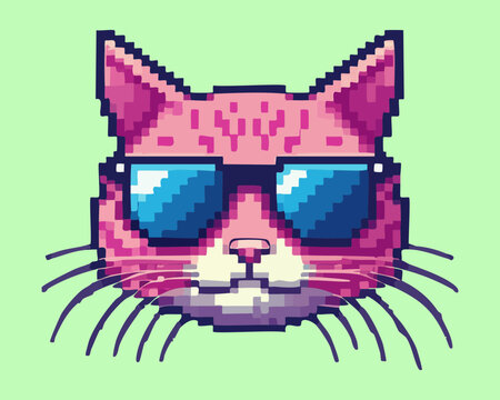 Cute pixel art cool pink cat wearing stylish blue sunglasses retro 8bit feline pet avatar icon for digital media social design