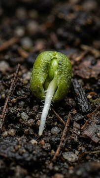Sprouting green bean seed growing root in dark moist earth macro nature photography