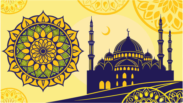 Islamic greeting card featuring a mosque silhouette, a large yellow and blue mandala, and decorative patterns on a soft yellow background