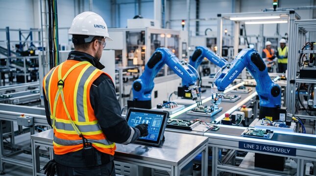 Industrial engineer controlling robotic arm assembly line with tablet in automated factory, industry 4.0, manufacturing automation, smart production, robotics technology