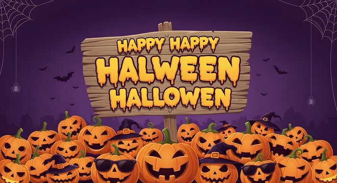 Happy halloween greeting card with carved pumpkins, bats and wooden sign