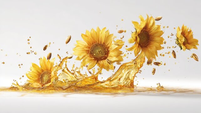 Fresh sunflower blossoms and scattered seeds falling down into smooth golden cooking oil splash, isolated clean background design