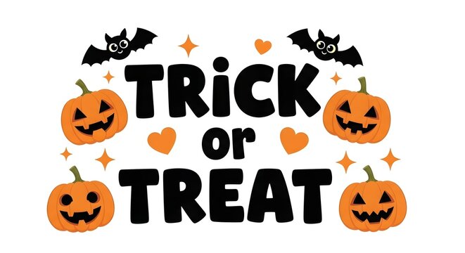 Trick or treat halloween lettering design with pumpkins and bats isolated on white background