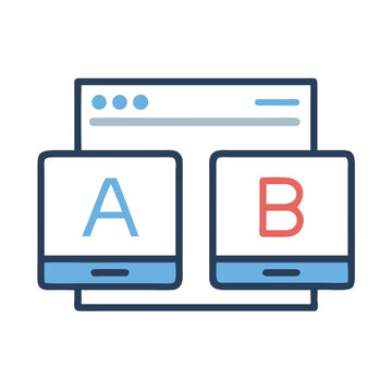 A/B testing interface with server, displays and contrasting letter options, on black background