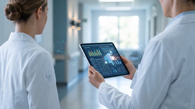 Two female doctors in white coats analyzing patient data on a digital tablet with futuristic holographic interface in a modern hospital corridor, discussing medical statistics