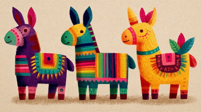 Mexican fiesta pi ata set with playful donkey and llama designs, cartoon style, vibrant colors and traditional paper details