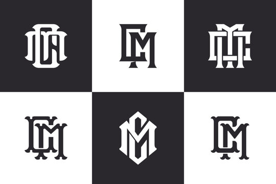 Set of six interlocking CM MC letter monograms in classic vintage athletic style