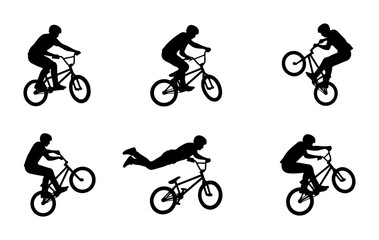 Fototapeta premium BMX Rider Silhouettes, Extreme Cycling Action Poses, Bicycle Sport Vector Set