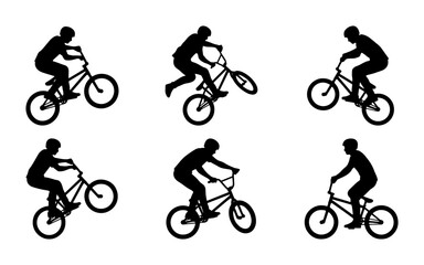 Fototapeta premium BMX Bicycle Rider Silhouettes, Extreme Sports Action Poses, Dynamic Cycling Stunts Vector Set