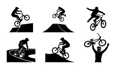 Fototapeta premium BMX Bicycle Rider Silhouettes, Extreme Sports Action, Freestyle Cycling Tricks, Vector Set