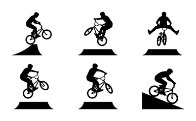 Fototapeta premium BMX Bicycle Rider Silhouettes, Extreme Sports Action, Freestyle Tricks, Dynamic Vector Set
