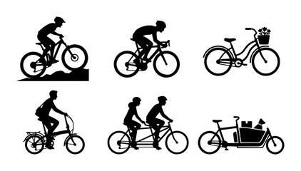 Naklejka premium Diverse Bicycle Silhouettes Collection: Mountain, Road, City, Tandem, Cargo Bikes