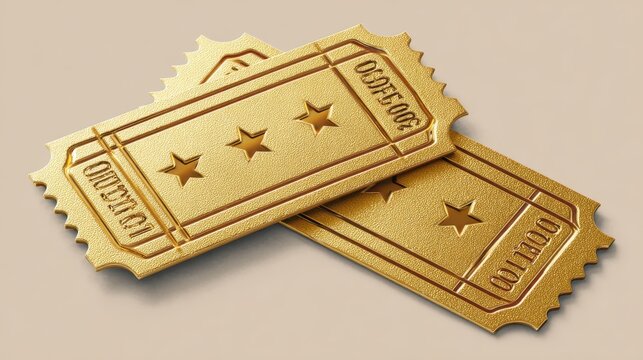 Shiny gold cinema tickets with embossed effect and star icons, pair of classic admission stubs isolated, minimalistic icon concept