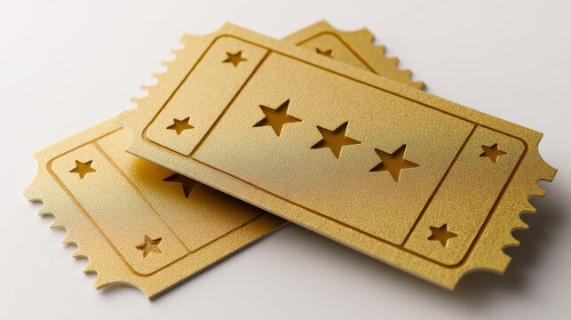 Shiny gold cinema tickets with embossed effect and star icons, pair of classic admission stubs isolated, minimalistic icon concept