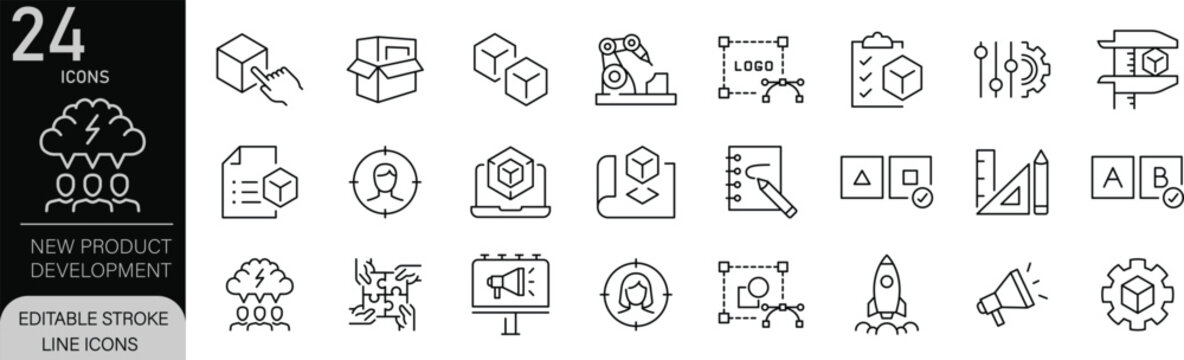 New Product Development icons set. Includes icons for innovation, research, prototyping, testing, design, and product launch. Editable stroke. Line icons. Perfect for apps and infographics.
