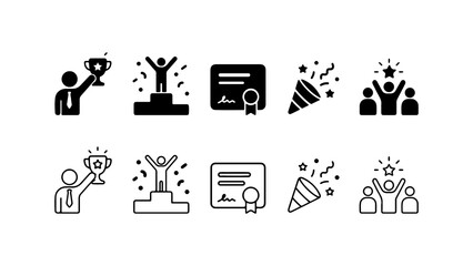 Fototapeta premium Success and Achievement Icon Set in Silhouette and Outline Vector
