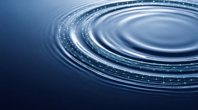 Futuristic digital water ripple covered with glowing interconnected data points and network lines, symbolizing connectivity, data flow, communication technology and digital transformation