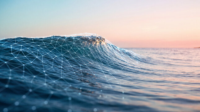 Futuristic digital ocean wave covered with glowing interconnected network lines and data points at sunset, symbolizing connectivity, data flow, technology, innovation and digital transformation