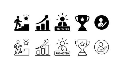 Fototapeta premium Career Promotion and Success Icon Set in Silhouette and Outline Vector