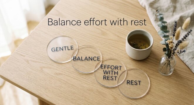Acrylic coasters with inspirational phrases rest beside a warm cup of tea on a wooden table