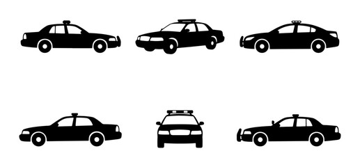 Police Car Icons, Law Enforcement Vehicle Silhouettes, Patrol Car Vector Set © Aditya