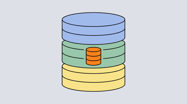 Stacked cylinder database icon with smaller data stacks inside, flat design vector illustration
