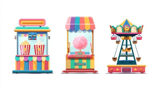 Colorful flat icon set featuring popcorn concession stand, cotton candy machine, bumper car ride, and carnival funhouse mirror, playful vector illustration