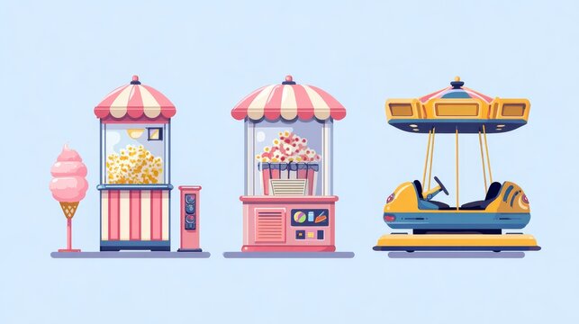 Minimal vector illustration of amusement park items, popcorn concession, fluffy cotton candy maker, bumper car ride, and carnival mirror, colorful flat icons