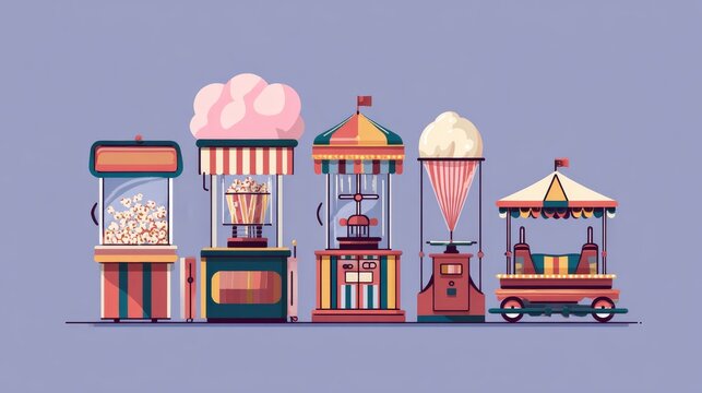 Minimal vector illustration of amusement park items, popcorn concession, fluffy cotton candy maker, bumper car ride, and carnival mirror, colorful flat icons