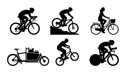 Fototapeta premium Cycling Silhouettes Collection: Diverse Riders, Bicycle Types, Active Lifestyle Vector Set