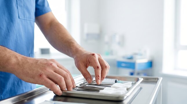 Doctor with injured bare hands preparing medical instruments in clinic