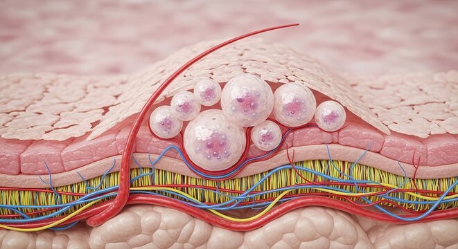 Cross section anatomy of human skin layers showing blood vessels and cells