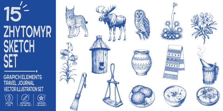 Zhytomyr Ukraine Polissia Heritage Element Set with Traditional Bortnytstvo Beekeeping, Forest Wildlife, Native Flora, Folk Tools and Authentic Regional Food Illustration